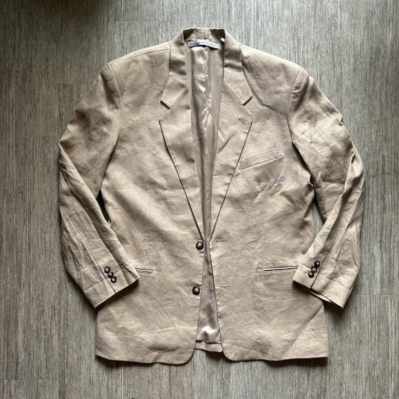 Vintage The Sharper Image Tan 100% Linen Single Breast Jacket Blazer Size Large - Picture 1 of 7
